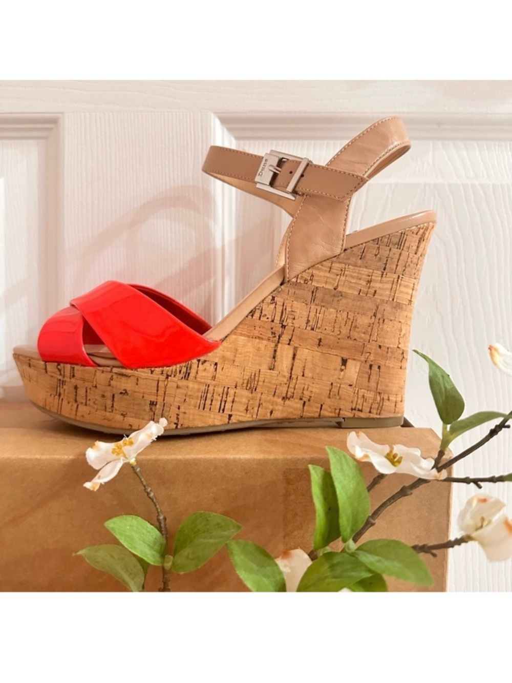 DUNE ~ Pink & Tan Espadrille Sandals w/4-inch Wedge Cork Platform Sole size 7.5